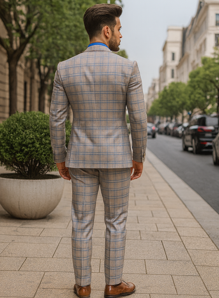 Stylish Men’s Plaid Suit with Chain – Formal Wedding Wear