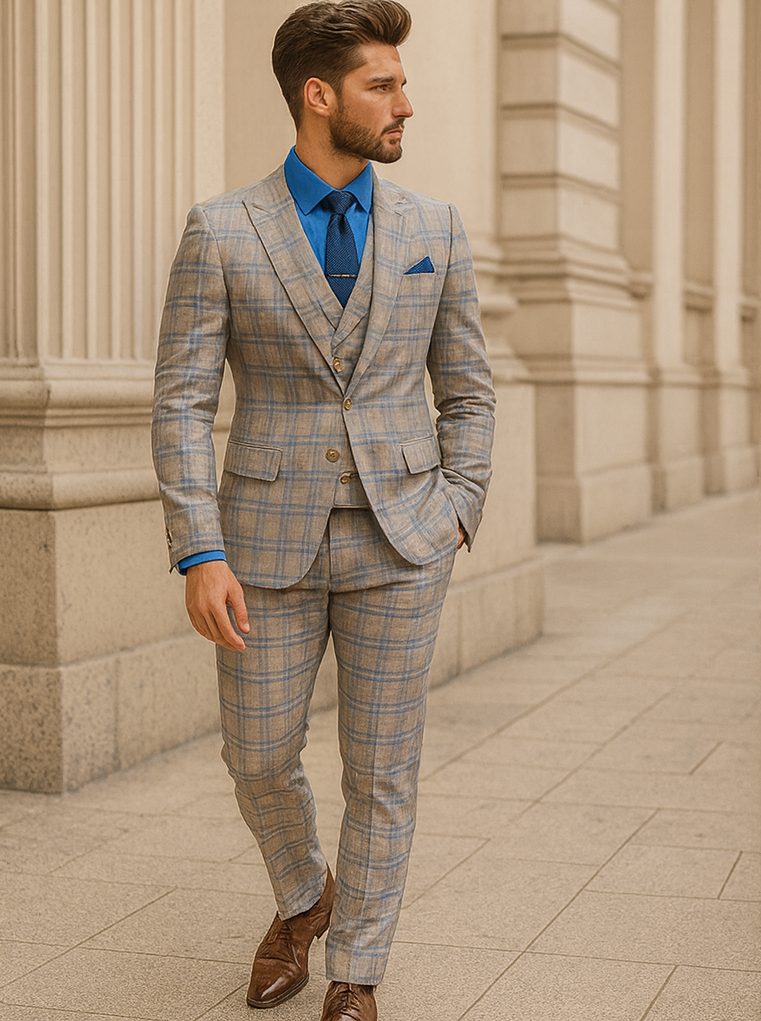 Stylish Men’s Plaid Suit with Chain – Formal Wedding Wear