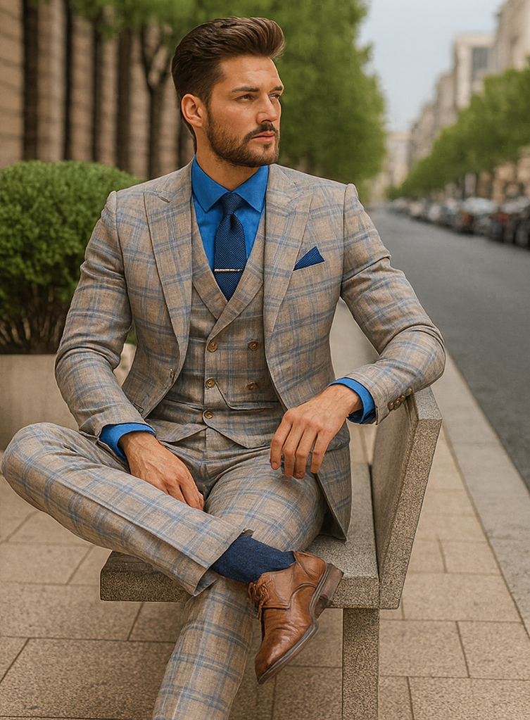 Stylish Men’s Plaid Suit with Chain – Formal Wedding Wear