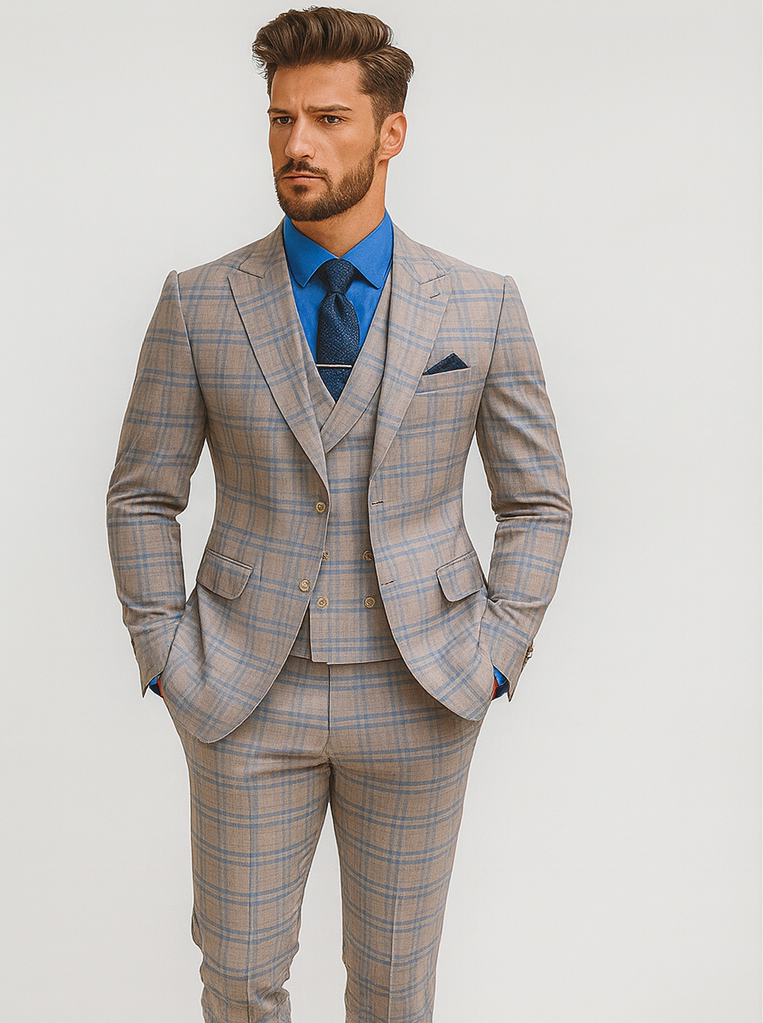 Stylish Men’s Plaid Suit with Chain – Formal Wedding Wear