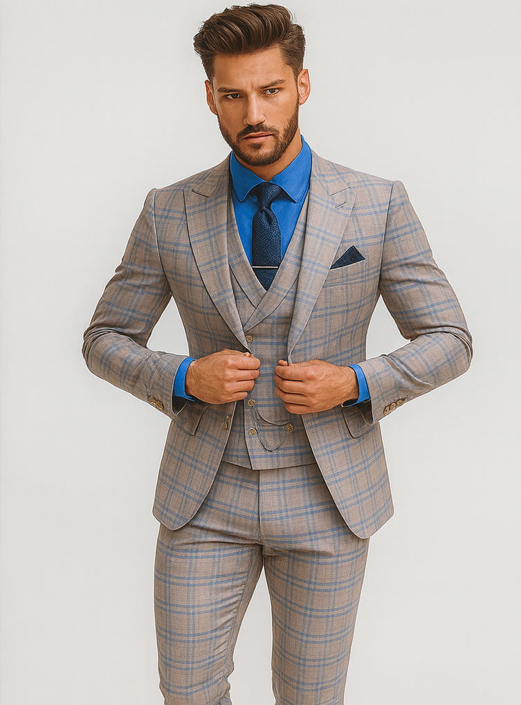 Light Plaid 3-Piece Suit with Vest for Men