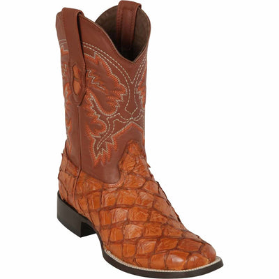 Monster Fish Skin Wide Square Toe Boots Cognac