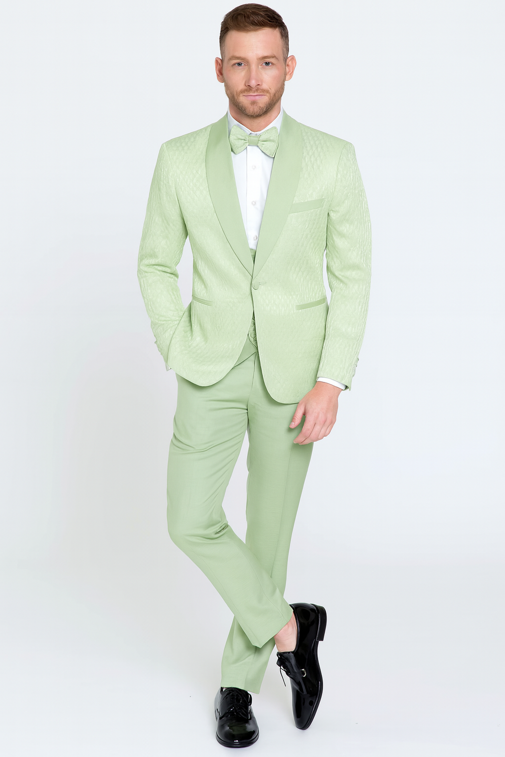 Mint Green Slim Fit Shawl Lapel Tuxedo With Bow Tie