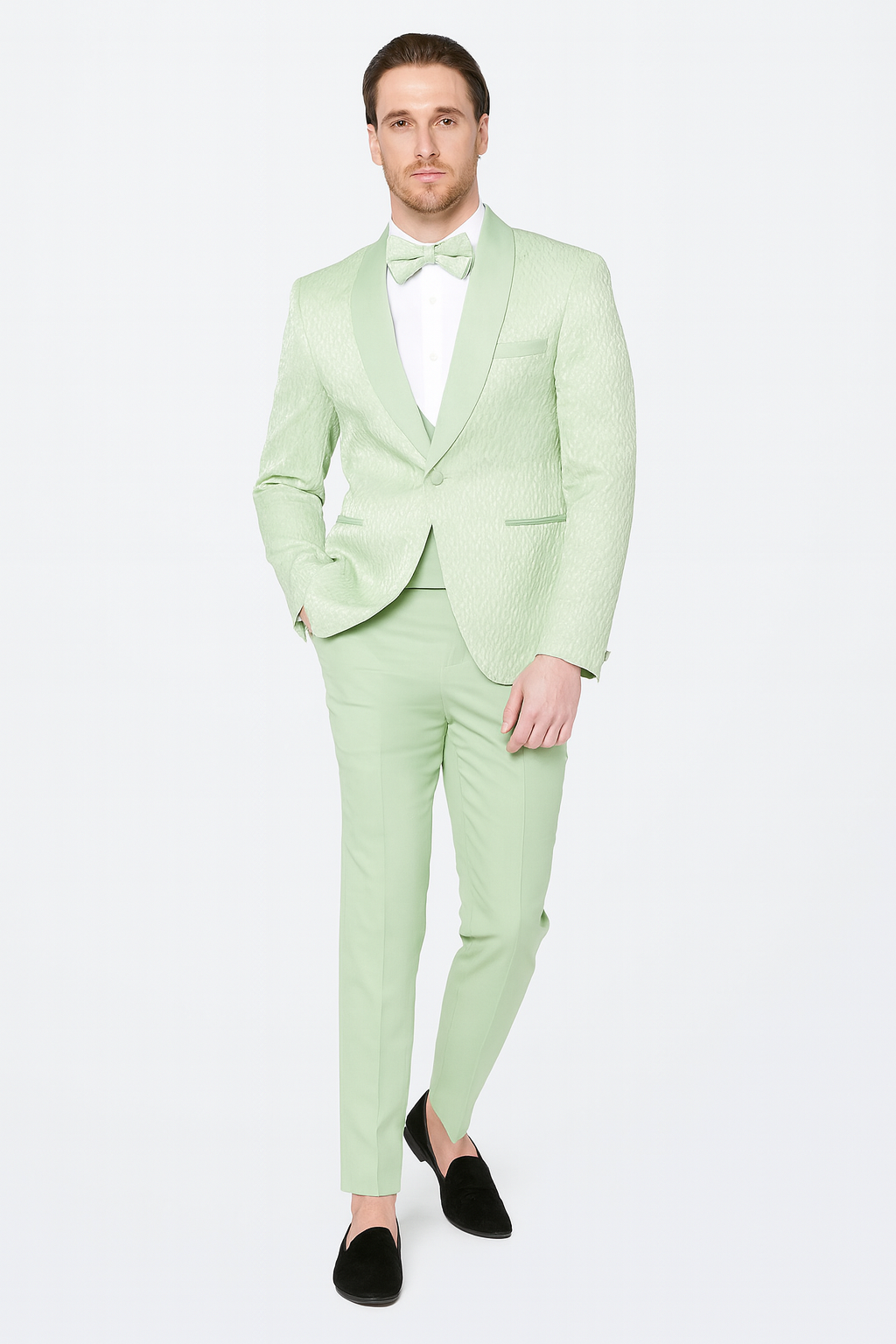 Mint Green Slim Fit Shawl Lapel Tuxedo With Bow Tie