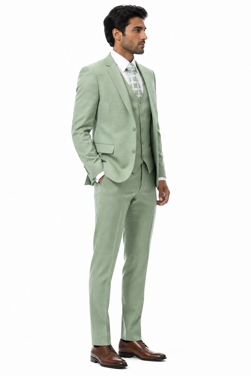 Modern Fit Moss Green Sharkskin Suit with Vest