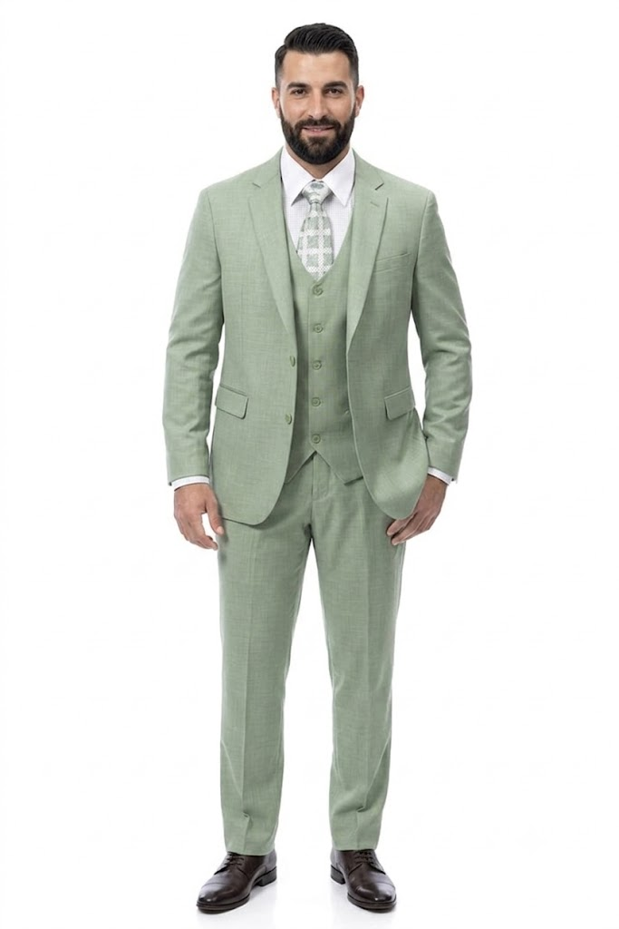 Modern Fit Moss Green Sharkskin Suit with Vest