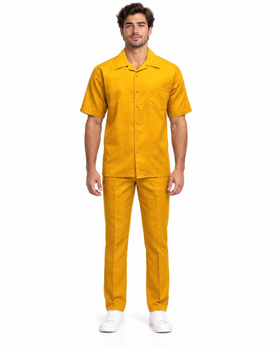 Mens Mustard Linen Shirt and Pants Casual Outfit Set