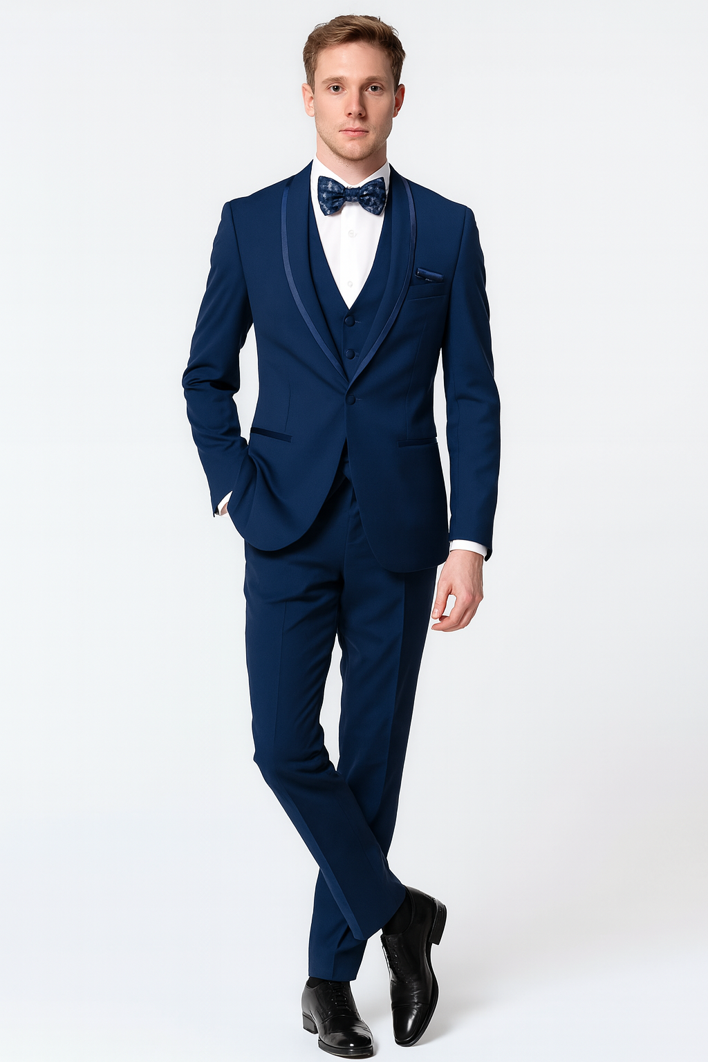 Navy Blue Shawl Lapel Tuxedo with Bow Tie
