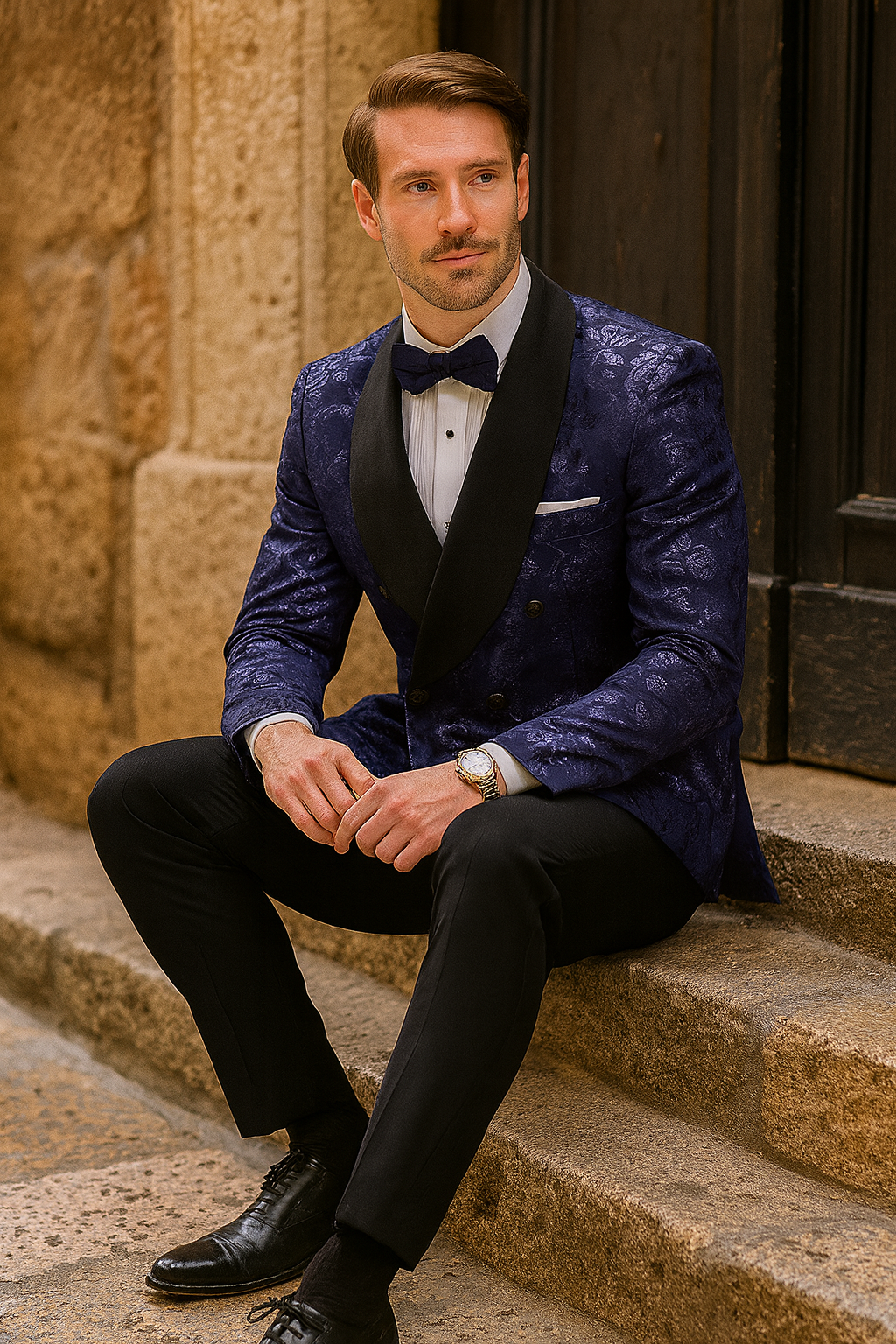 Men’s Navy Floral Jacquard Tuxedo Jacket – Double Breasted Blazer with Black Shawl Lapel