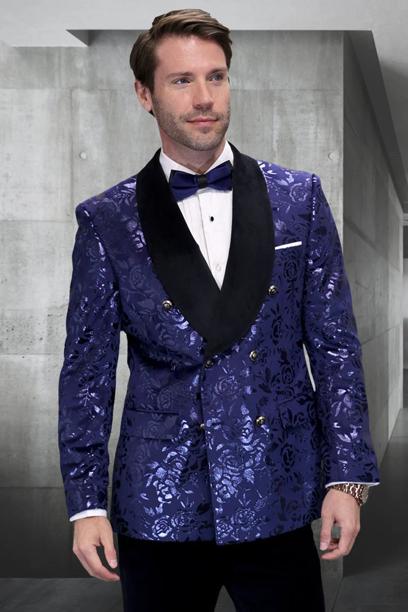 Navy Floral Jacquard Double Breasted Tuxedo Jacket