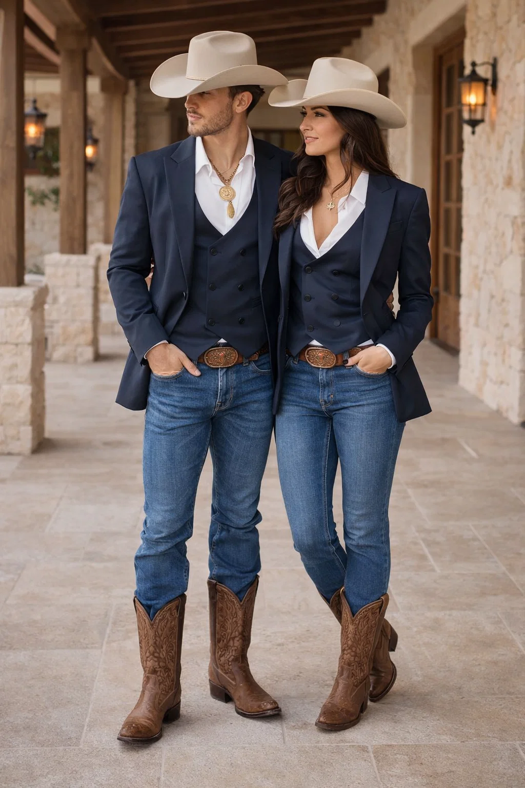 Mens Navy Western Suit Blazer with Double-Breasted Vest – Modern Cowboy Formal Outfit