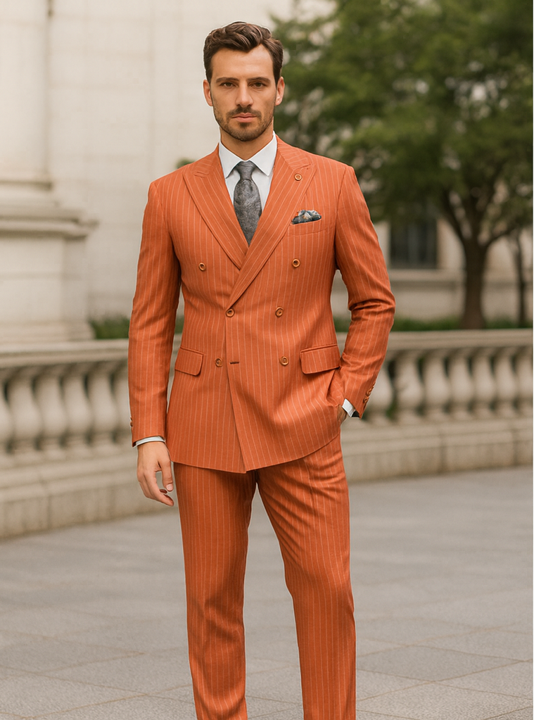 Orange Pinstripe Double-Breasted Suit for Men