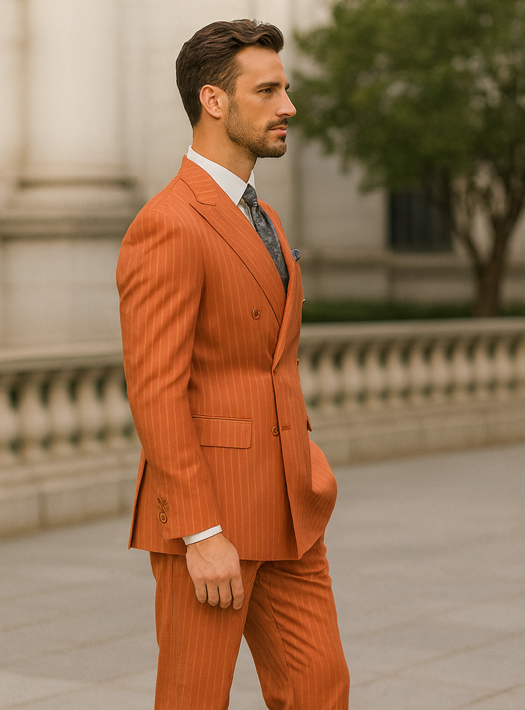 Orange Pinstripe Double-Breasted Suit for Men