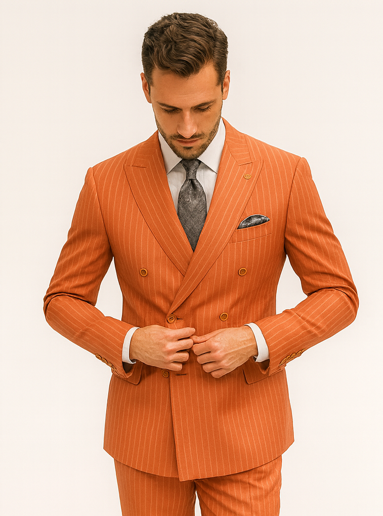 Orange Pinstripe Double-Breasted Suit for Men