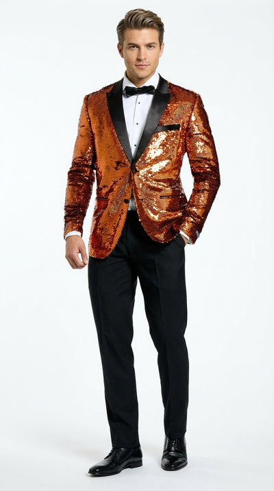 Mens Orange Sequin Blazer Tuxedo Dinner Jacket β Shiny Party Dinner Jacket with Black Lapel for Wedding, Prom, Stage Kingsman Jacket