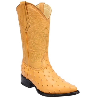 Men's Ostrich Print Leather J-Toe Boots - Black