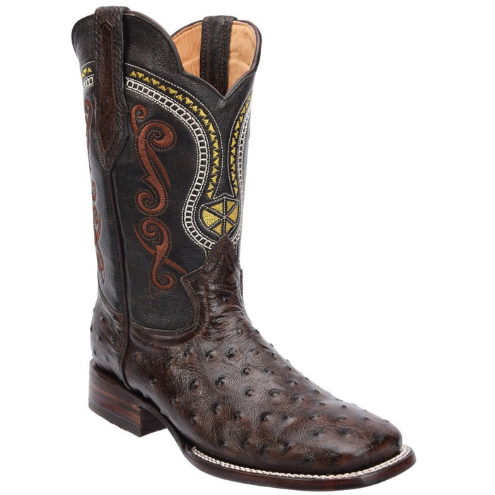 Men's Ostrich Print Leather Square Toe Boots - Black