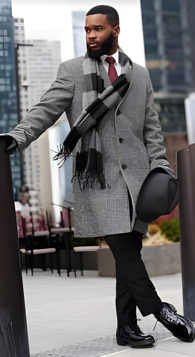 Wool Glen Plaid Mens Overcoat - Grey/Black