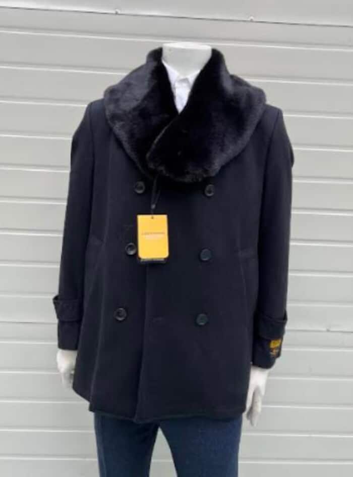 Men's Wool Pea Coat with Fur Collar