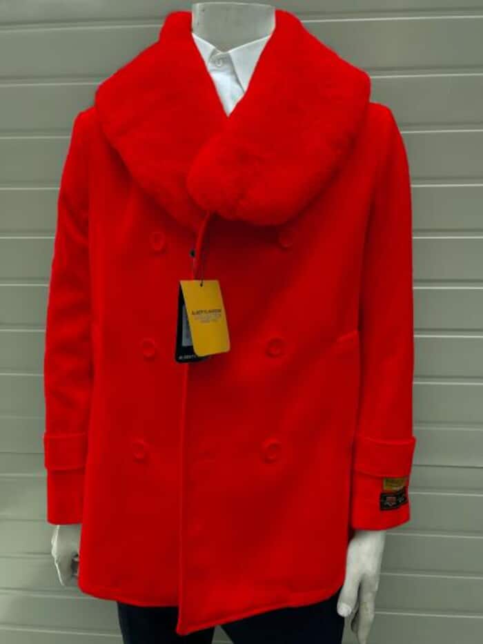 Red Wool Peacoat with Fur Collar for Men