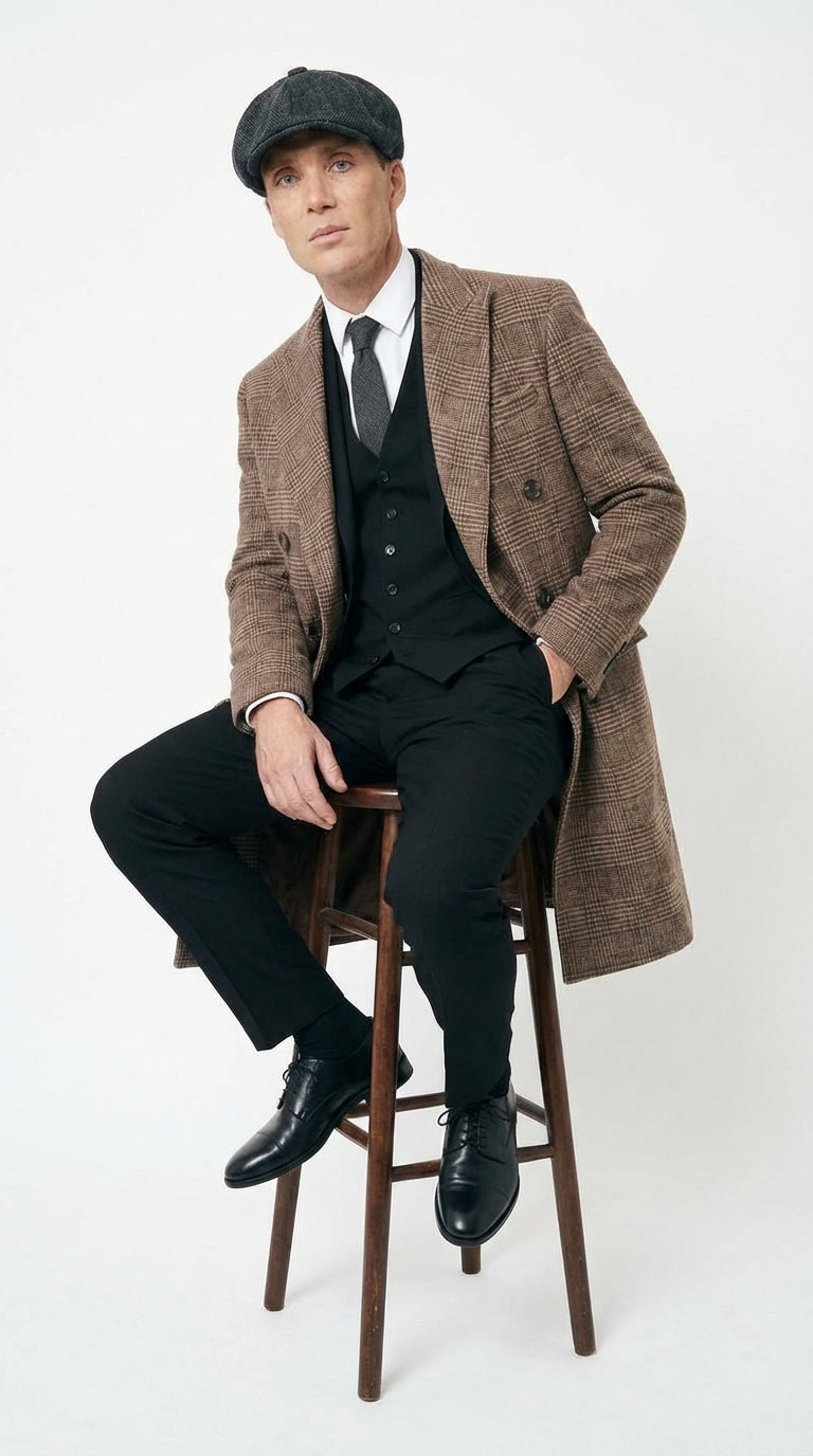 Mens Peaky Blinders Gray Plaid Double Breasted Overcoat + Suit Peaky Blinders Vintage Wool Blend Coat 1920's