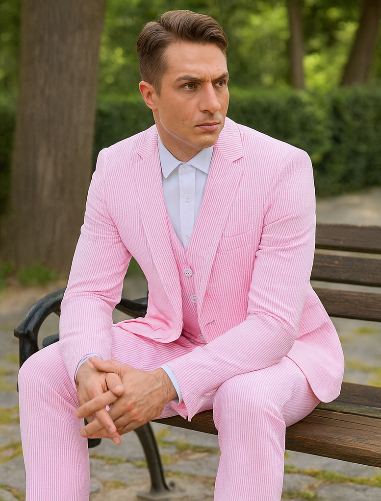 Mens Pink Seersucker Pinstripe Suit with Vest