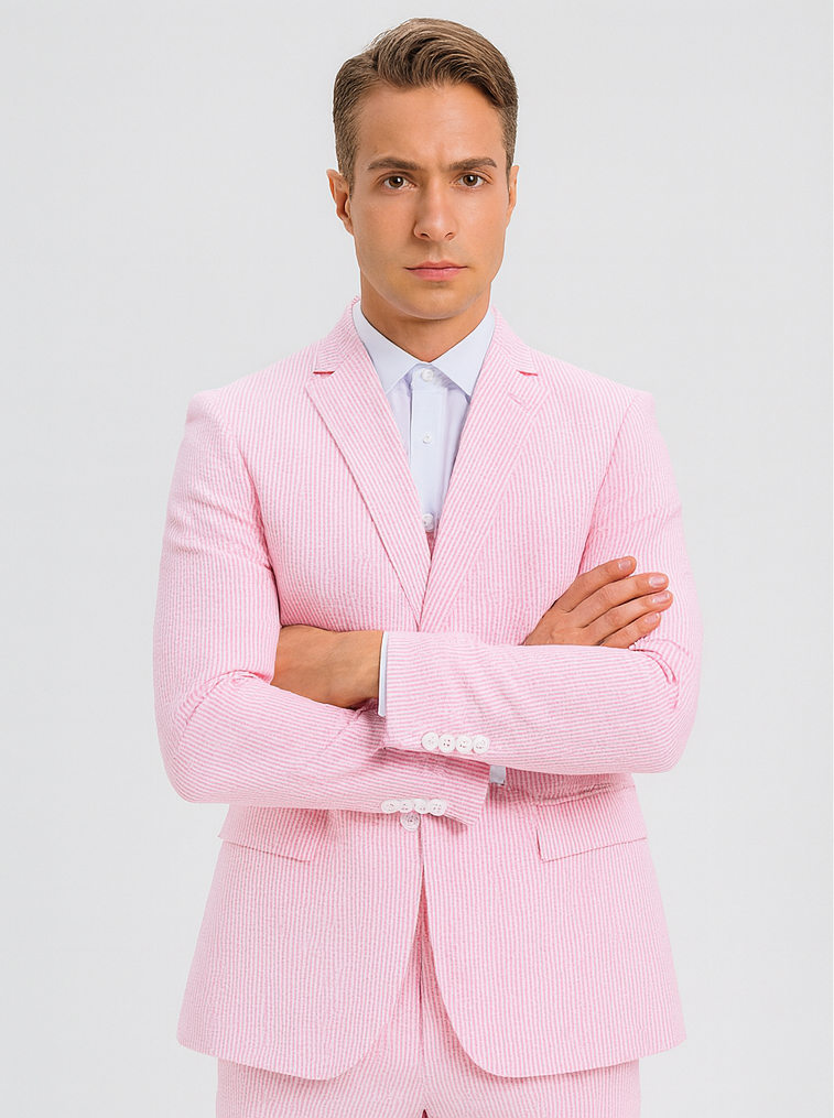 Mens Pink Seersucker Pinstripe Suit with Vest