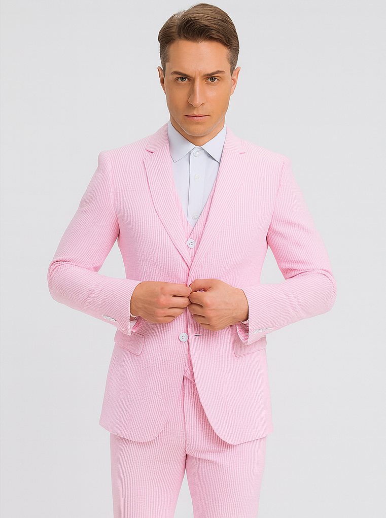 Mens Pink Seersucker Pinstripe Suit with Vest