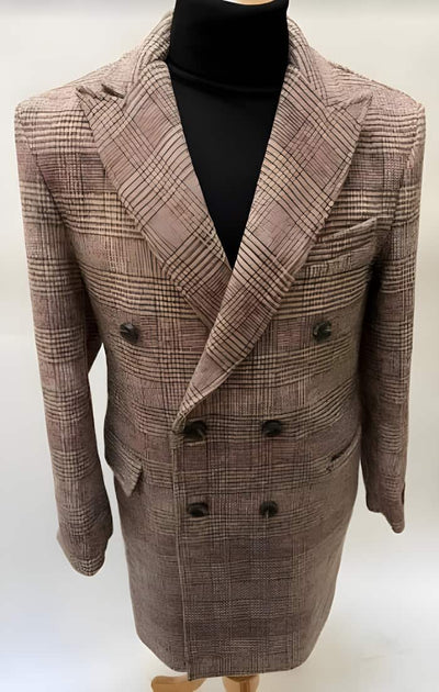 Mens Plaid Wool Peacoat in Rust Brown