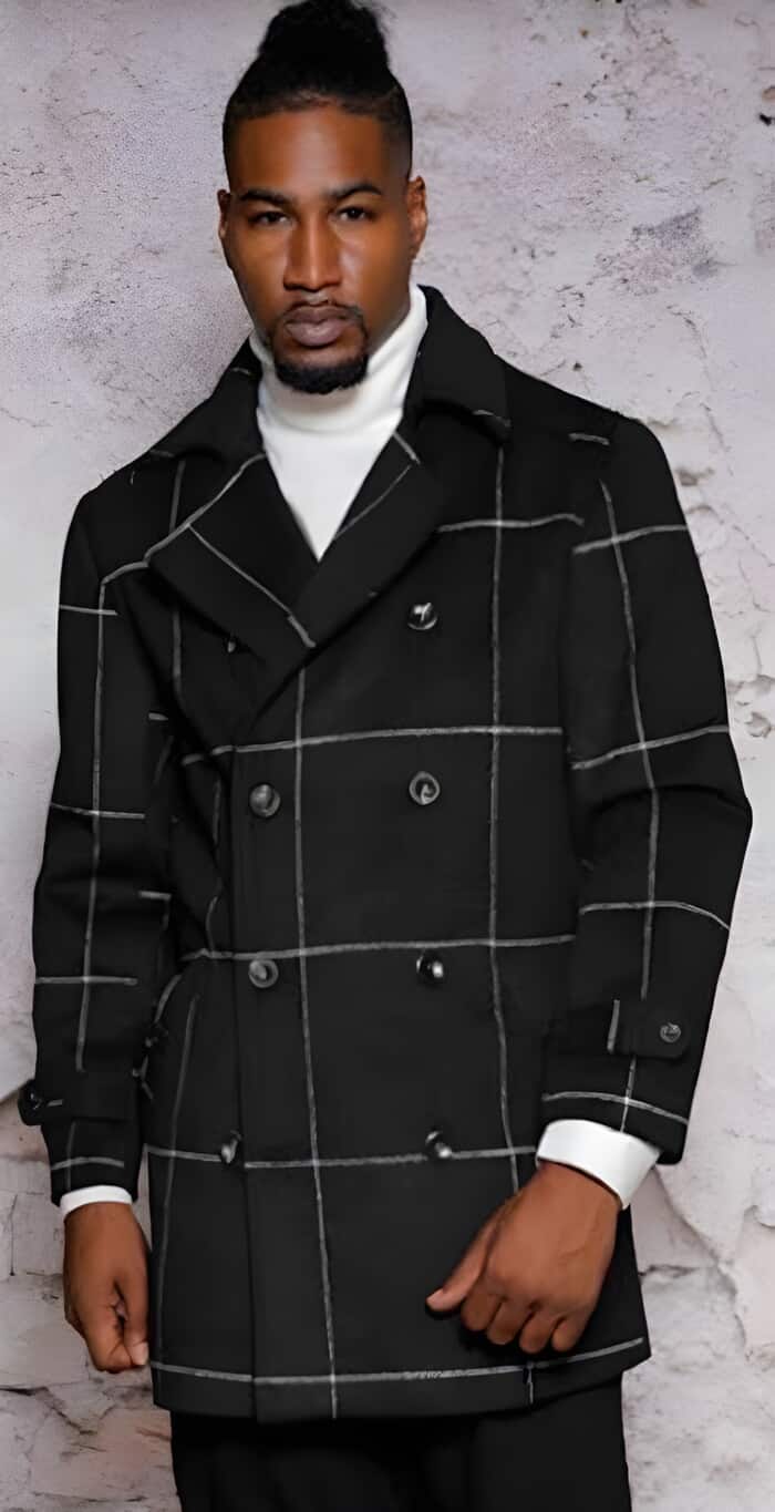 Men's Plaid Wool Peacoat Black Double Breasted