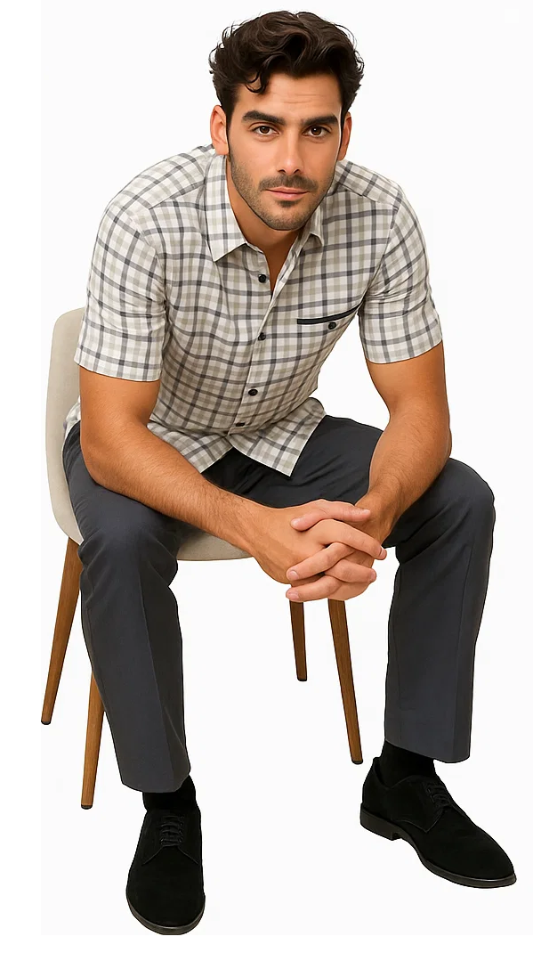 Mens Plaid Walking Suit in grey by Dreams by Zacchi – 2 Piece Leisure Outfit with Matching Shirt and pant -$99