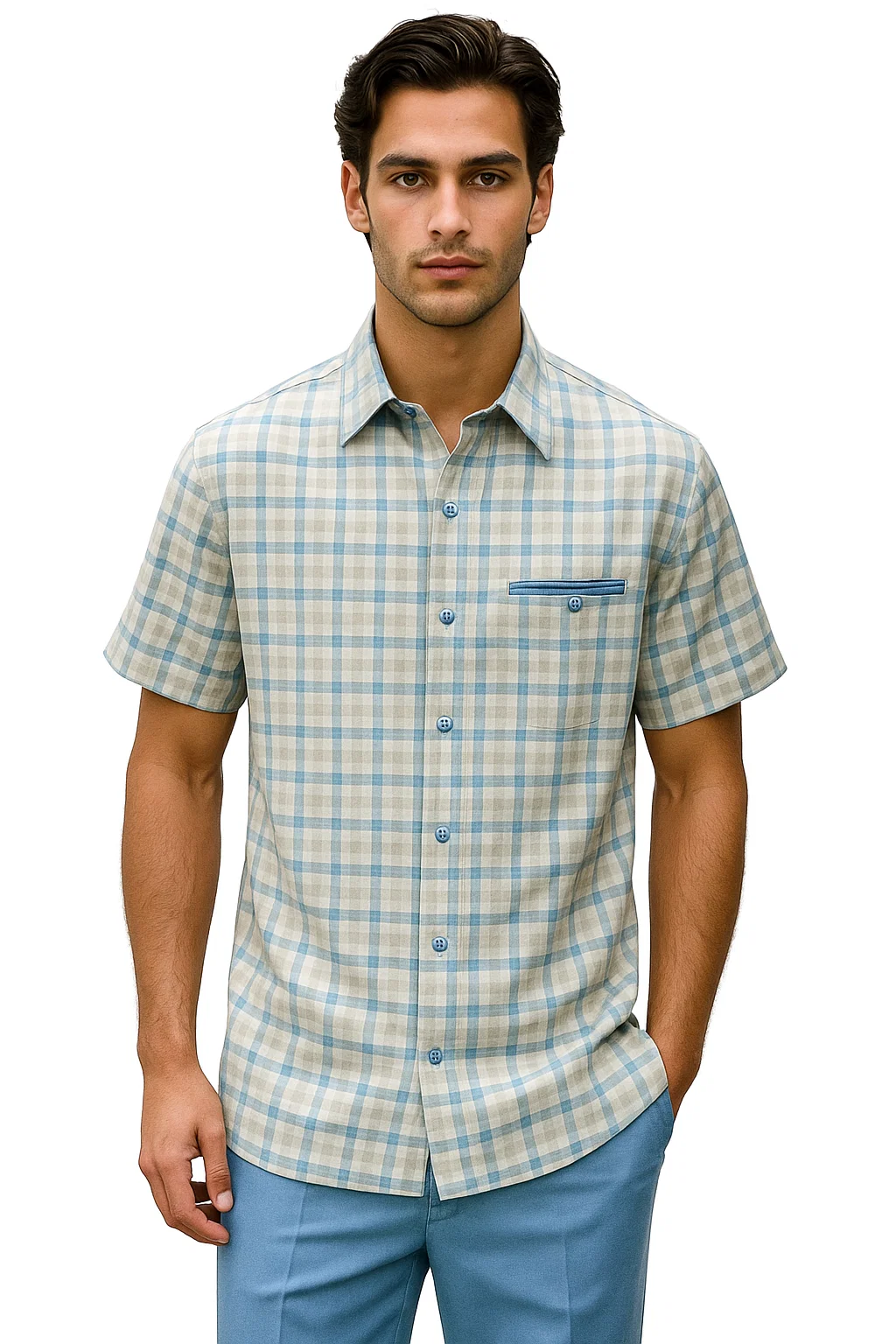 Mens Plaid Walking Suit in powder blue by Dreams by Zacchi – 2 Piece Leisure Outfit with Matching Shirt and pant -$99