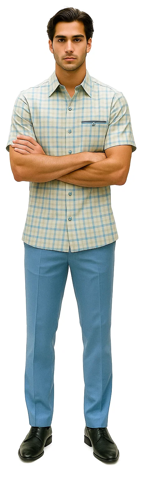 Mens Plaid Walking Suit in powder blue by Dreams by Zacchi – 2 Piece Leisure Outfit with Matching Shirt and pant -$99