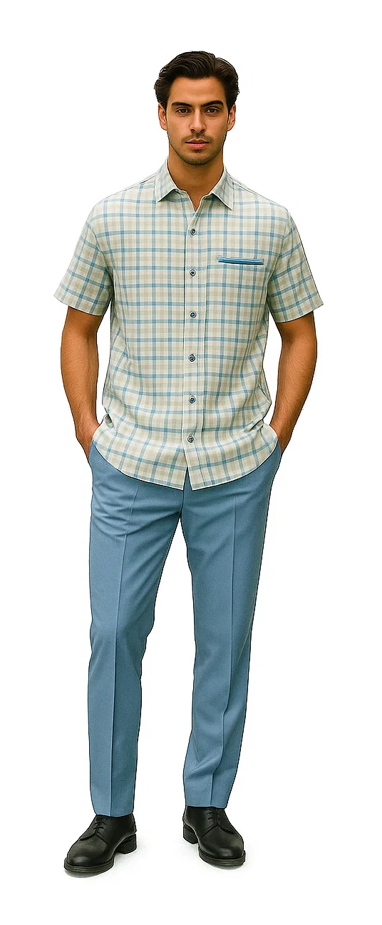 Mens Plaid Walking Suit in powder blue by Dreams by Zacchi – 2 Piece Leisure Outfit with Matching Shirt and pant -$99
