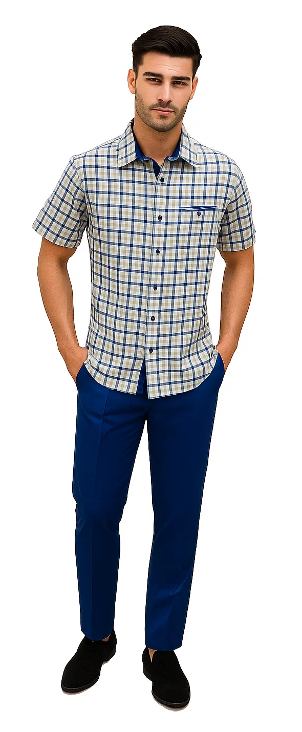 Mens Plaid Walking Suit in royal by Dreams by Zacchi – 2 Piece Leisure Outfit with Matching Shirt and pant -$99