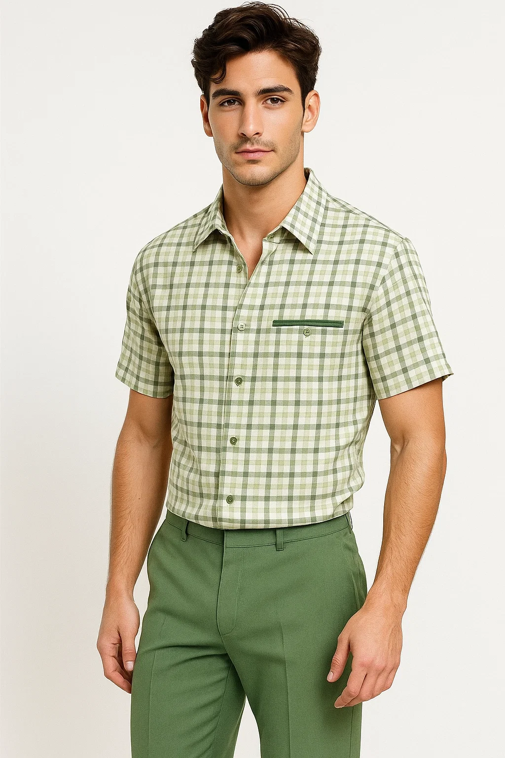 Mens Plaid Walking Suit in sage by Dreams by Zacchi – 2 Piece Leisure Outfit with Matching Shirt and pant -$99