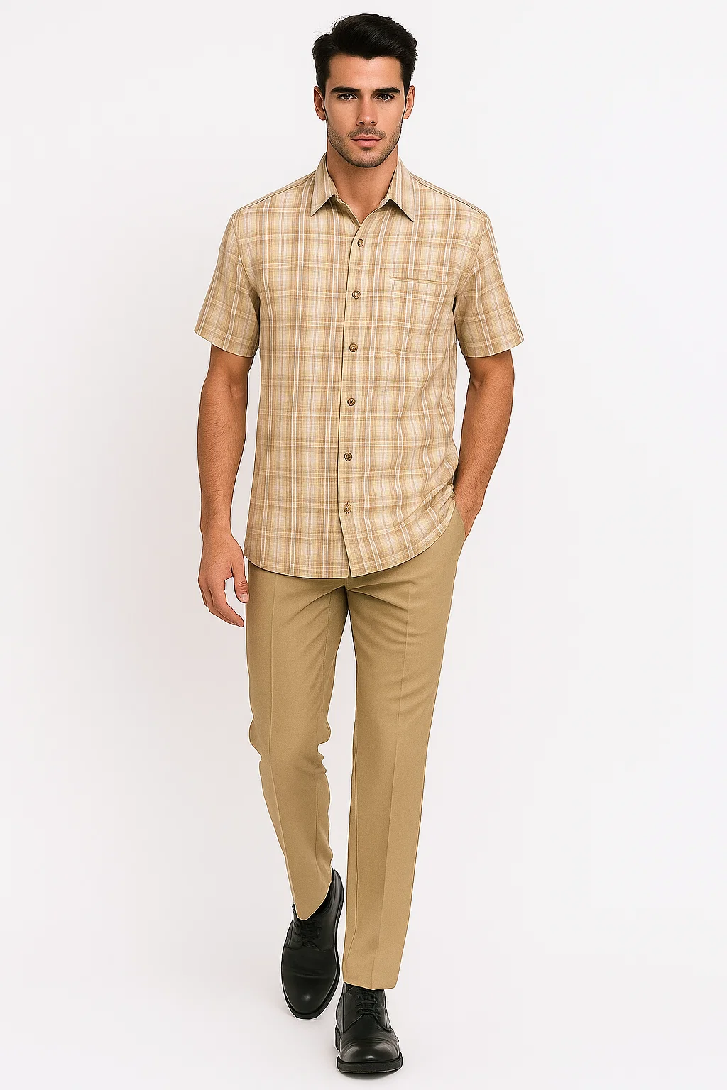 Plaid Tan Walking Suit by Dreams by Zacchi