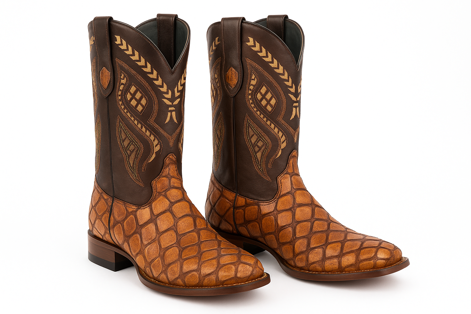 Mens Print Pirarucu Fish Boots Handcrafted Cognac