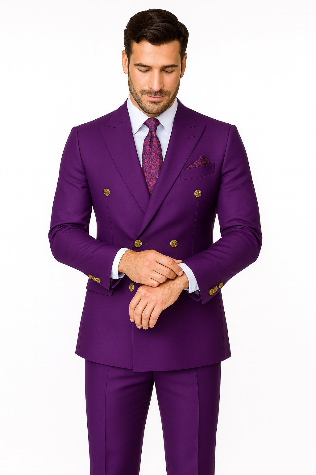 Double Breasted Wool Suit with Gold Buttons - Purple