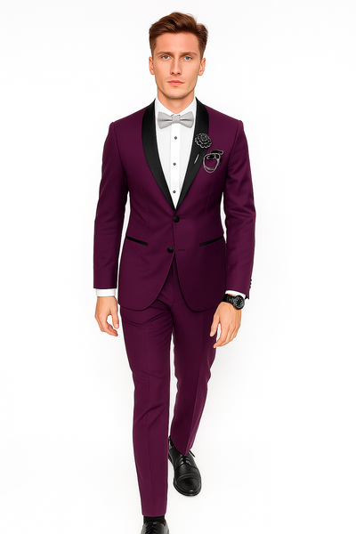 Men's Purple - Plum - Eggplant Jacket and Pants Two Button Shawl Lapel Tuxedo