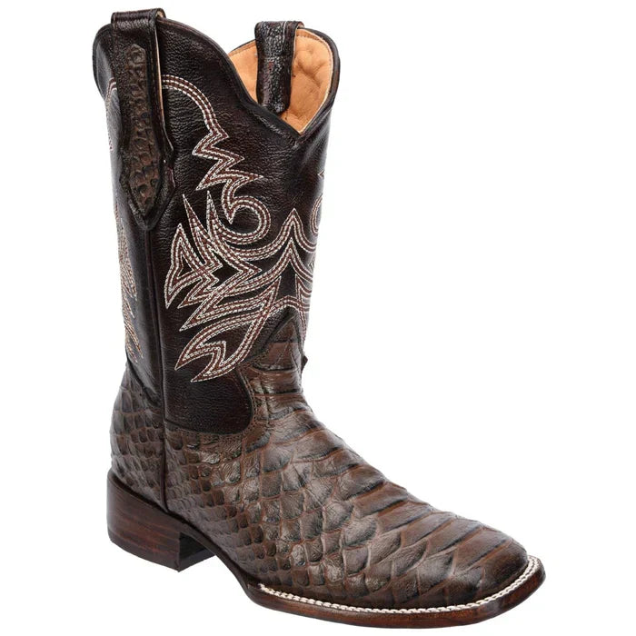 Men's Python Print Leather Square Toe Boots - Brown