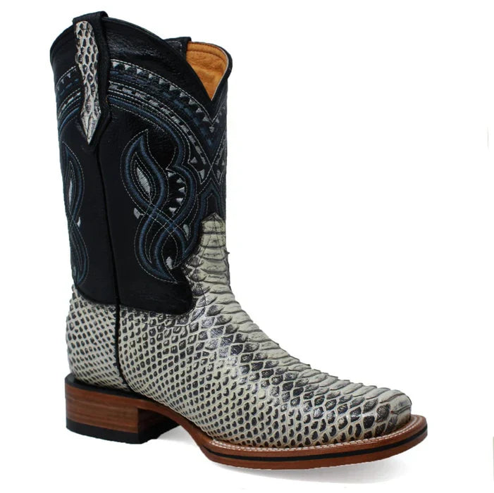 Men's Python Print Leather Square Toe Boots - Natural