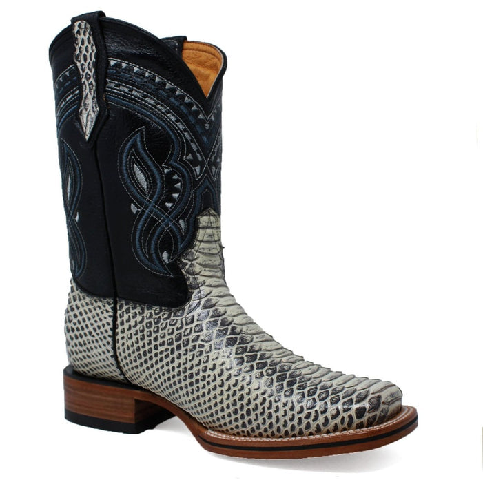 Men's Python Print Leather Square Toe Boots - Natural