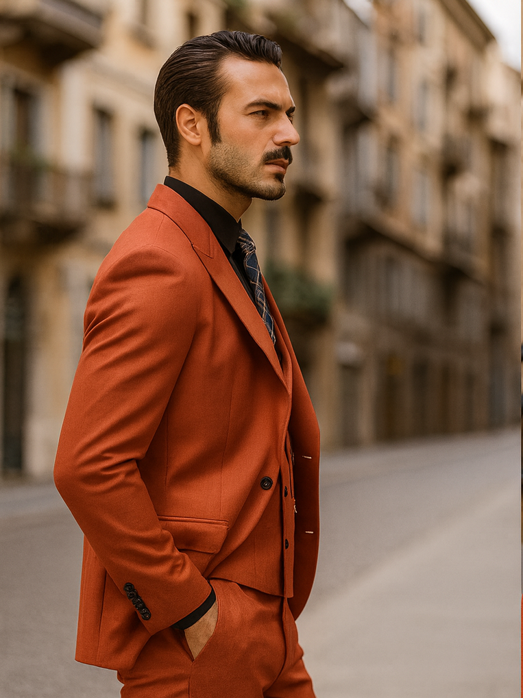 Men’s Red Suit with Double-Breasted Vest – Formalwear Ensemble