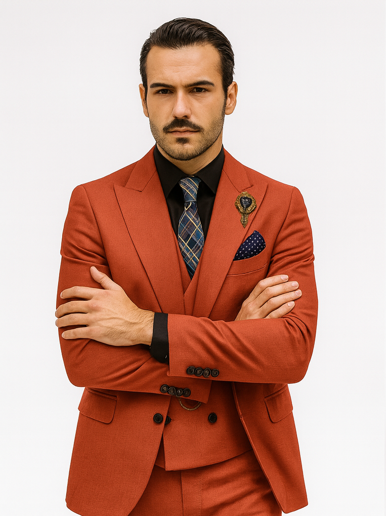Men’s Red 3-Piece Suit with Vest and Chain