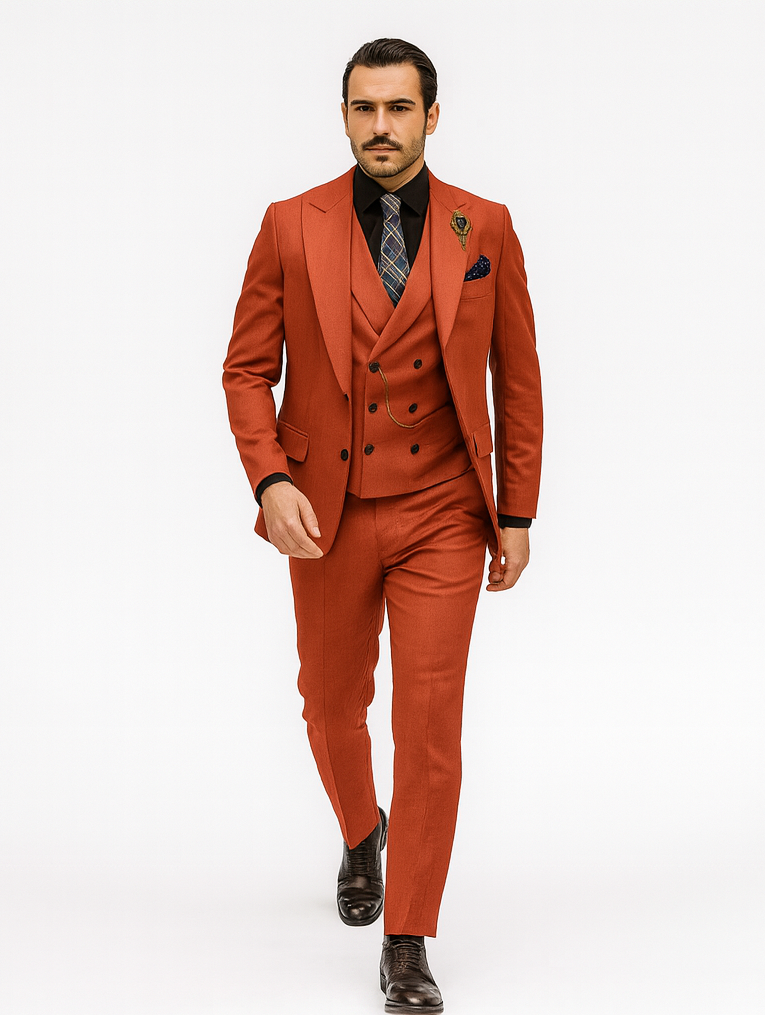 Men’s Red 3-Piece Suit with Vest and Chain