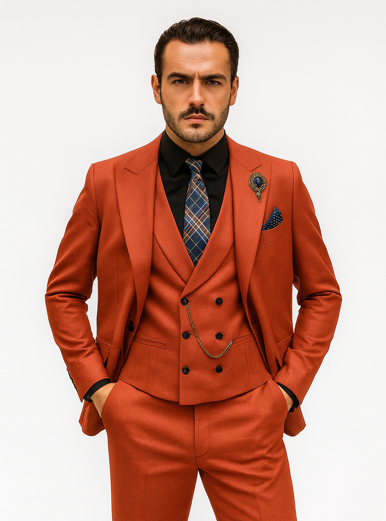 Men’s Red 3-Piece Suit with Vest and Chain