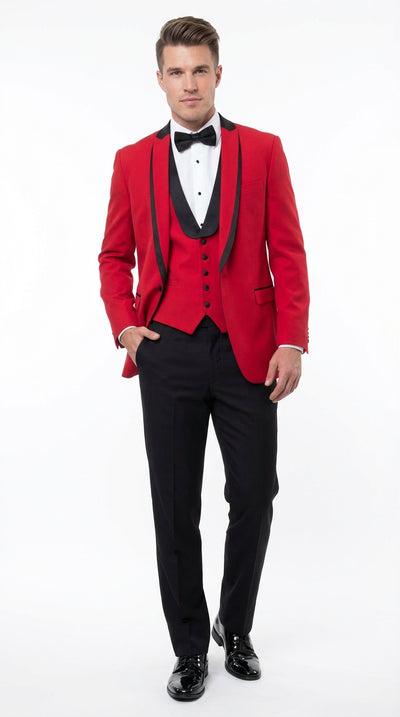 Mens Red and Black Tuxedo β Three Piece Formal Suit with Satin Shawl Lapel for Wedding and Prom