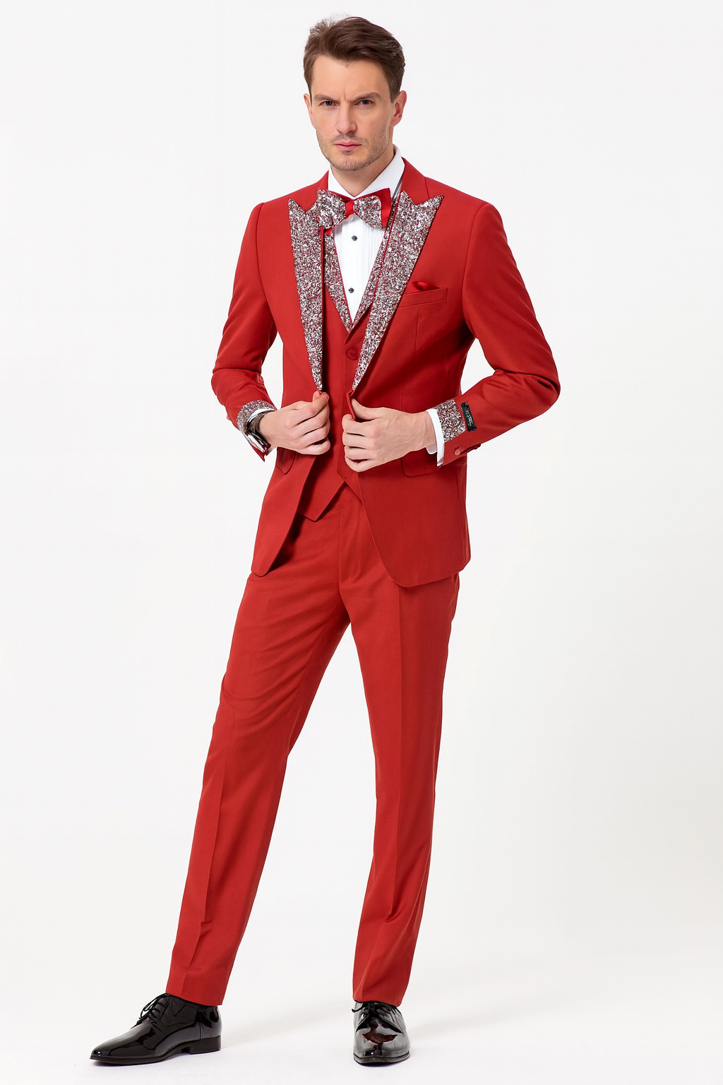 Red & White Sequin Lapel Three-Piece Tuxedo