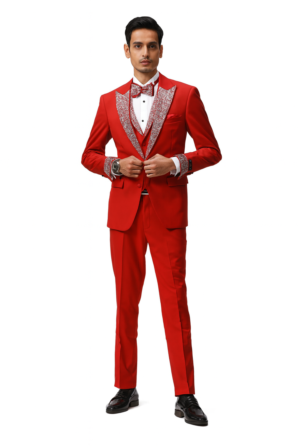 Red & White Sequin Lapel Three-Piece Tuxedo